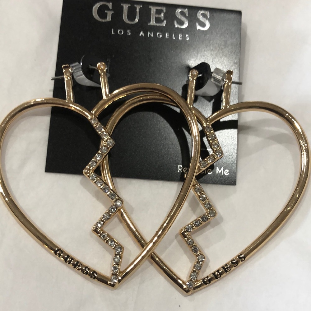 Guess gold tone monogram pave heartbreak‎ heart shaped hoop earrings new